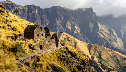 Ancient stone ruins on a golden mountain slope under a dramatic sky architecture building