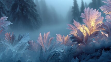 Icy Window Frost Patterns Forming Against Misty Blue Forest Background, Winter Nature Scene Revealing Intricate Ice Crystals and Frozen Tree Silhouettes.