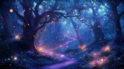 Moonlit enchanted forest path with ancient twisted trees, glowing firefly lights and luminous orbs in a misty blue-purple night, dreamy and mysterious atmosphere