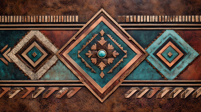 Turquoise and copper tribal pattern in southwestern design