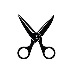 Simple black and white icon of open sharp scissors on a clean background