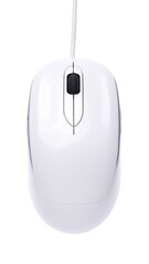 Glossy white computer mouse centered on white background with cable extending upward
