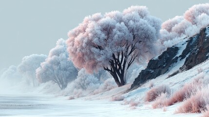  Row of Frost-Covered Trees and Bushes Along Rocky Shoreline, Snowy Terrain, Natural Beauty, Tranquil Scene.