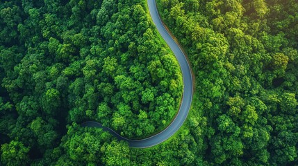 Aerial view of a winding s-shaped road cutting through a dense green forest canopy, sunlit and peaceful