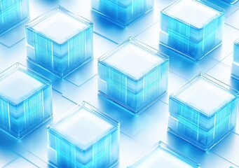 Obraz premium translucent glowing blue glass cubes arranged in a precise grid on a reflective surface, evoking serene futuristic order