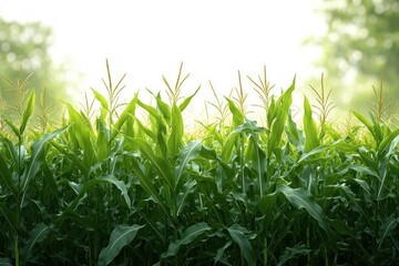 Obraz premium sunlit field of tall green corn stalks with tassels and glossy leaves, backlit morning glow and blurred trees conveying calm fresh rural growth
