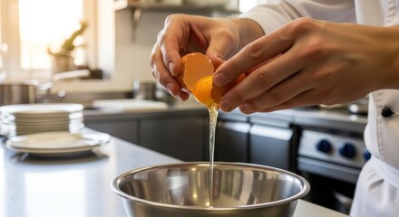 A chef's hands cracking an egg into a metal bowl in a professional kitchen.