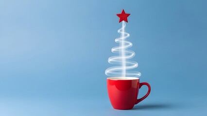 A red coffee mug with a white spiral christmas tree and star on top against a blue background