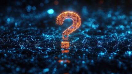 glowing orange circuit question mark hovering above a blue digital network mesh with scattered lights, evoking curiosity and futuristic mystery