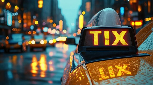 yellow taxi roof sign reading TIX on a rain-soaked city street at night with glowing reflections and bokeh, moody cinematic urban atmosphere