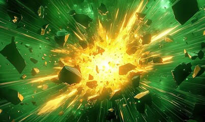 intense bright yellow explosion shredding rocks and debris against a vibrant green cosmic background, dramatic energetic burst with flying shards and streaking light