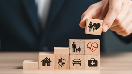 Stacking blocks with insurance related icons