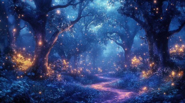 moonlit enchanted forest path with towering gnarled trees, glowing golden lights drifting through misty blue foliage, evoking tranquil wonder and mystical calm - Powered by Adobe