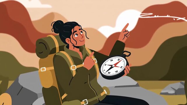 Woman Hiker with Backpack and Compass Finding Her Path on a Mountain Adventure