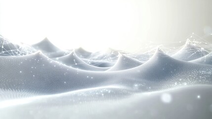 Serene glowing white digital mesh landscape of undulating peaks and valleys with connecting nodes and particles bathed in soft luminous light, futuristic and ethereal