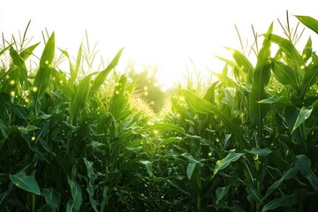 Sunlit cornfield path framed by tall green stalks and leaves with glowing fireflies and warm golden light, serene and magical summer atmosphere