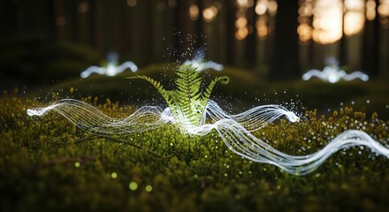 Magical Fern with Glowing Energy Trails on Mossy Forest Floor