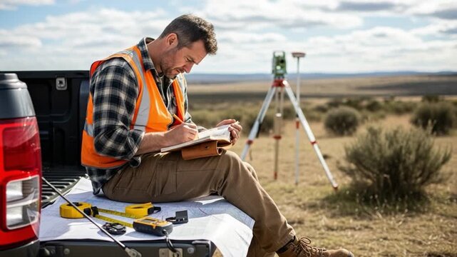 Surveyor in Safety Vest Conducting Field Measurements with Tools on Truck Tailgate