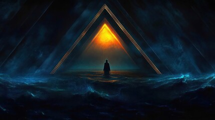 Lone silhouette standing on a dark turbulent sea facing a glowing triangular portal pyramid of golden light through mist, evoking awe and solitude