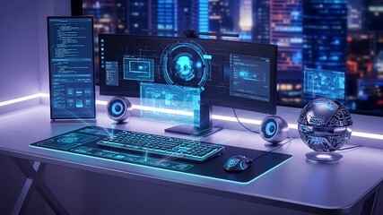 Futuristic workspace with advanced technology at night - Powered by Adobe