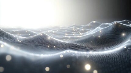 glowing digital mesh waves with soft golden particles and a luminous horizon conveying a serene futuristic atmosphere