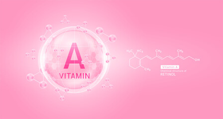 Pink vitamin A complex solution in hexagonal dome with molecules. Chemical structure of Retinol. For cosmetic products ads or supplement. Medical health care skin protection. Vector EPS10.