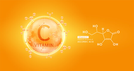 Orange vitamin C complex solution in hexagonal dome with molecules. Chemical structure of Ascorbic Acid. For cosmetic products ads or supplement. Medical health care skin protection. Vector EPS10.