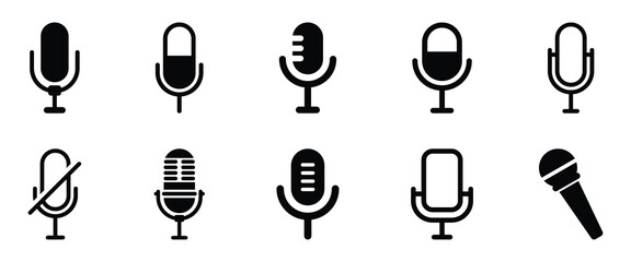 Microphone icon set. Different microphone collection. Podcast icon collection. Collection of microphone icons for podcasting and broadcasting. Vector illustration