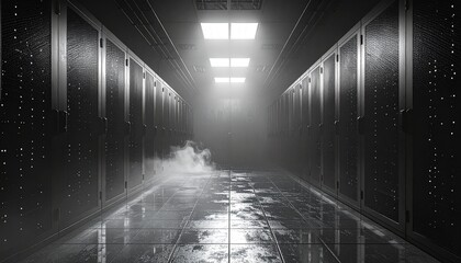 Data center with illuminated server racks and fog