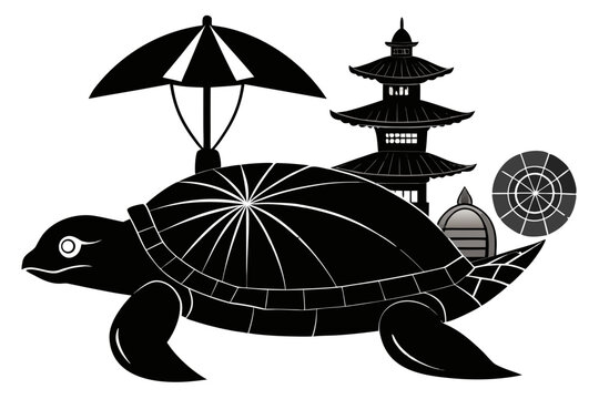 Turtle Carrying World Silhouette Vector Clipart Mythical Vietnam Turtle Pagoda Illustration Line Art