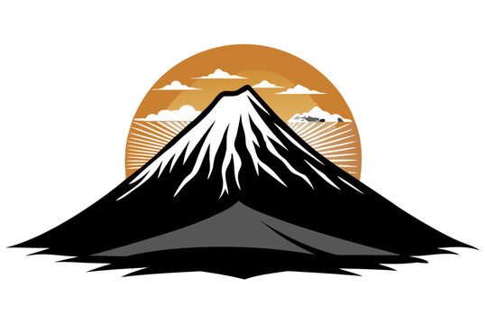 Mount Fuji with Rising Sun Silhouette Vector Clipart Japan Mountain Landscape Illustration Line Art