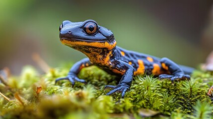 Fototapeta premium glossy black and orange spotted salamander perched on green moss with an alert curious expression