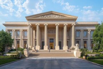 Fototapeta premium Grand neoclassical stone building with towering fluted columns, wide steps, sculpted pediment and statues, landscaped lawns and a few visitors under a bright blue sky, majestic calm