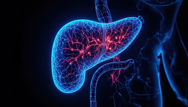 Illuminated three dimensional rendering displays internal human organ structure with glowing vascular network