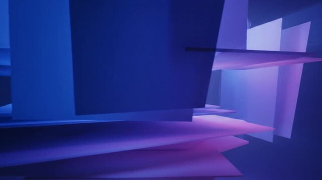 abstract geometric shapes in blue and purple neon light moving slowly in a futuristic