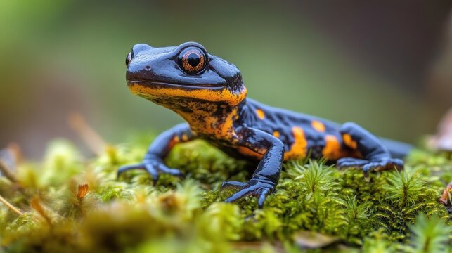 glossy black and orange spotted salamander perched on green moss with an alert curious expression