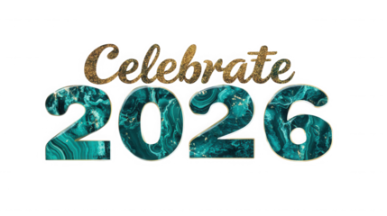 Celebrate with the year two thousand twenty six in gold and marble on a black background on transparent background