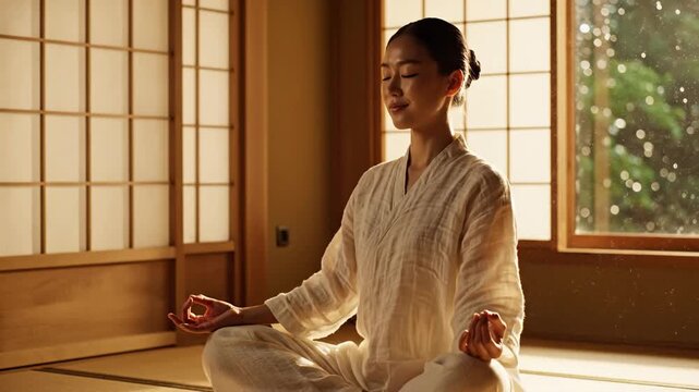 Young Woman Meditates Quietly Indoors Zen Atmosphere