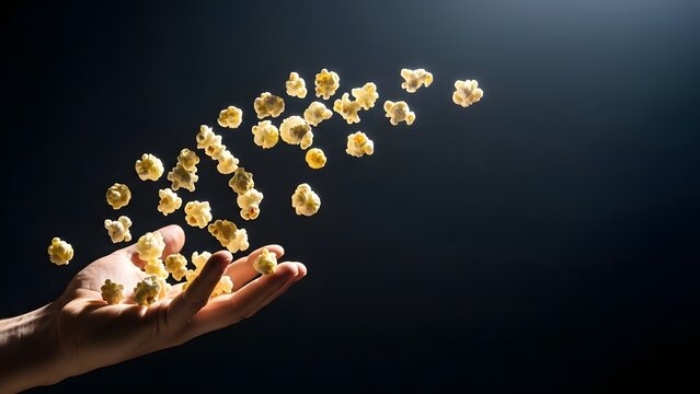 Hand tossing popcorn against dark moody background