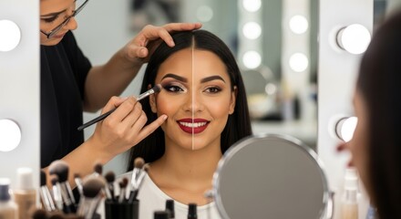 A woman getting her makeup done in a salon.