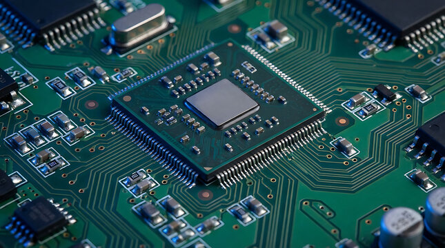 Close up of a central processing unit on a green circuit board. - Powered by Adobe