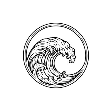 A styled illustration of a large ocean wave inside a circle.