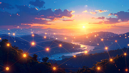 Sunset over the mountains with connected lights, a beautiful landscape.