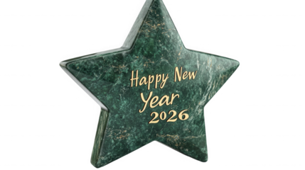 Green marble star with happy new year and the year two thousand twenty six in gold lettering on black on transparent background