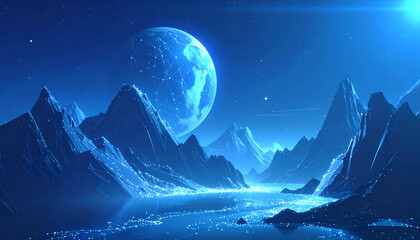 Mystical Blue Planet Over Mountainous Landscape at Night.