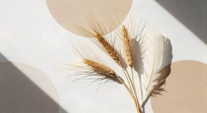 Golden wheat stalks on beige background with soft shadows