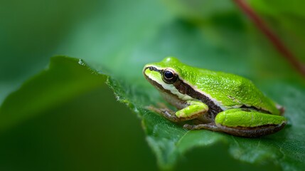 Obraz premium Vibrant Green Frog Resting on a Lush Leaf in Nature.