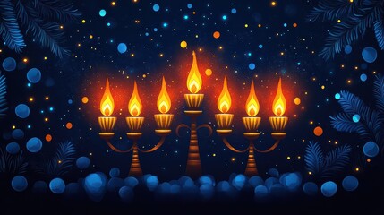 Glowing menorah with seven candles on dark blue background.