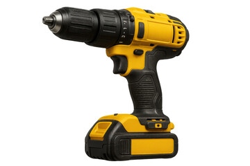 Cordless drill with a yellow and black casing, operating as a multi-functional power tool for drilling and screwing tasks, presented with a transparent background