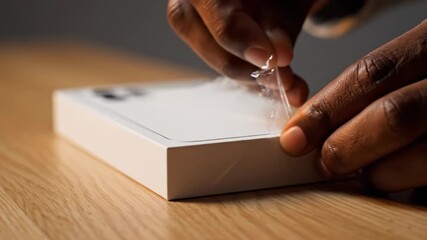 African American hands peeling plastic wrap off white retail packaging